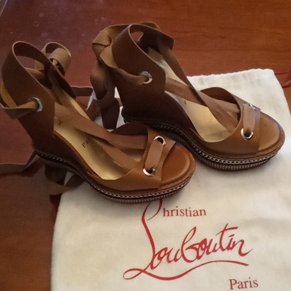 Brown Christian Louboutin ankle tie platform wedges. Size 36 (6 US)